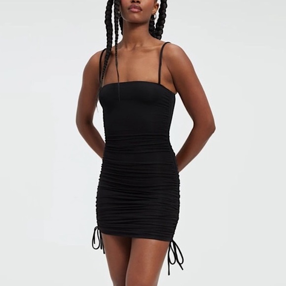 NWT Good American Ruched Slinky Tie Spaghetti Strap Stretchy Dress - Picture 1 of 6